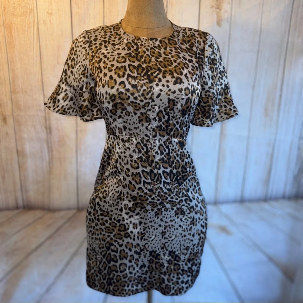 Banana Republic Black and tan leopard/ cheetah animal print Sheath Dress, satin - Picture 1 of 9
